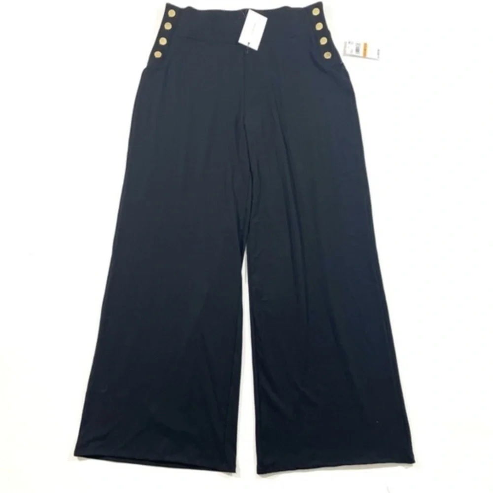 New H Halston Pull On Pants Faux Buttons Jet Set Jersey Black
